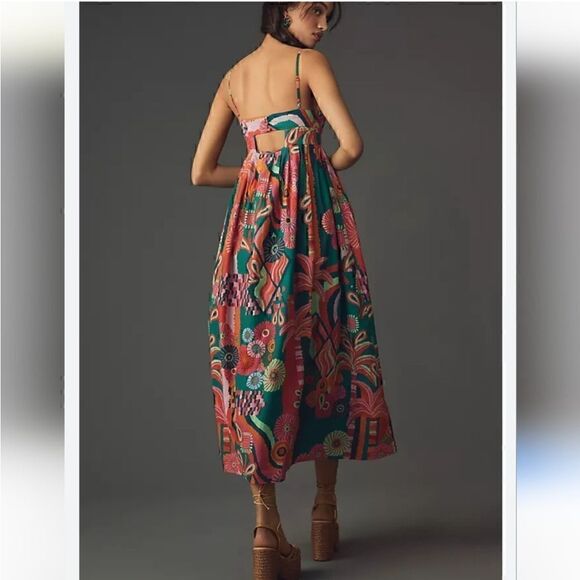 NEW Farm Rio x Anthropologie Pleated Palm Cutout Midi Dress Small - Picture 3 of 4
